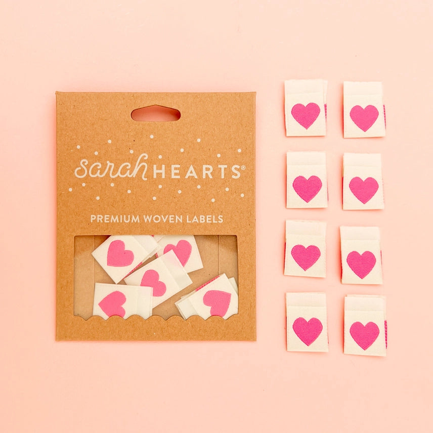 Pink Heart Woven Labels - Sewing Clothing Gift Tags