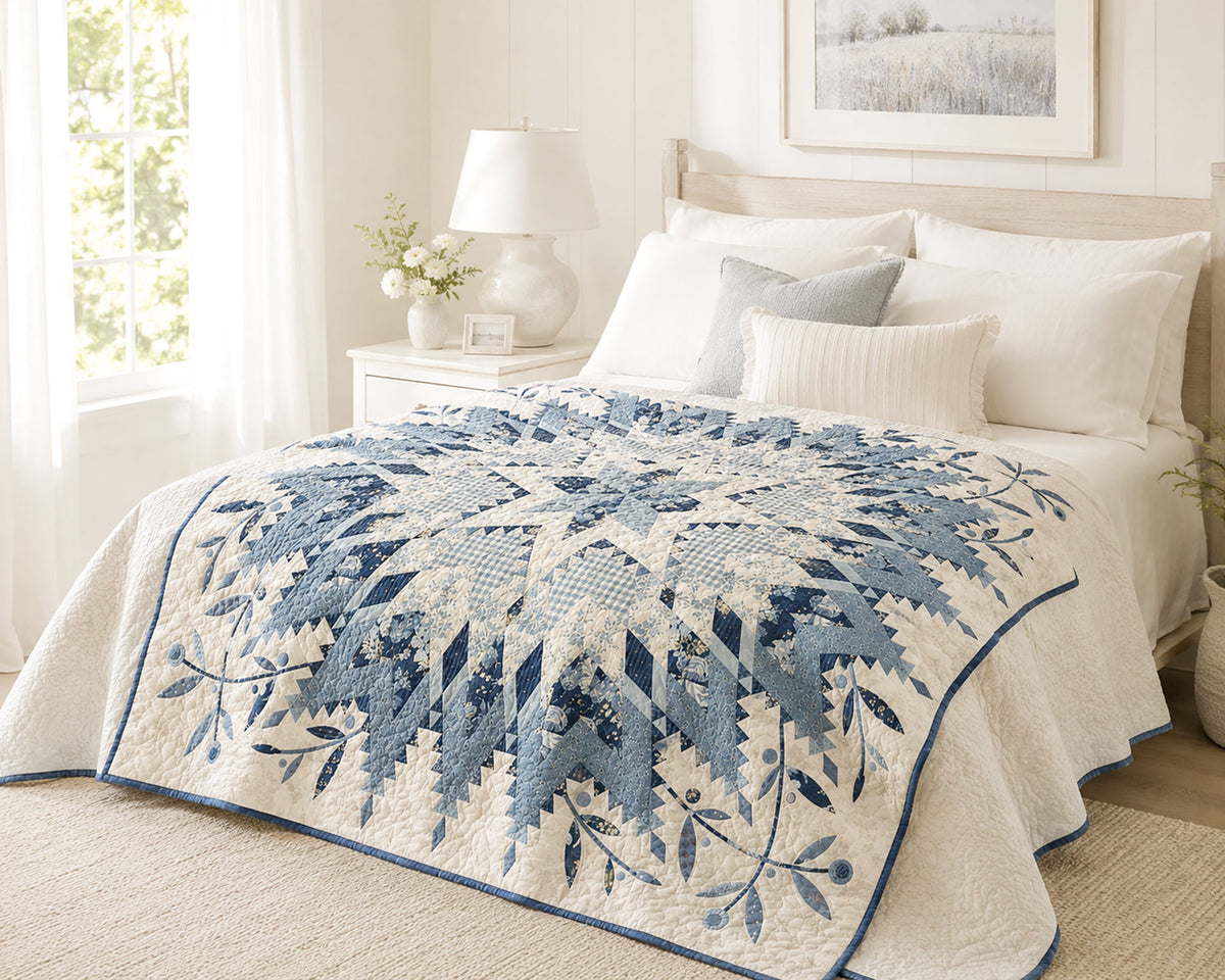A quilted bedspread with a blue and cream snowflake-like geometric pattern, styled on a bed in a bright, neutral-toned bedroom.