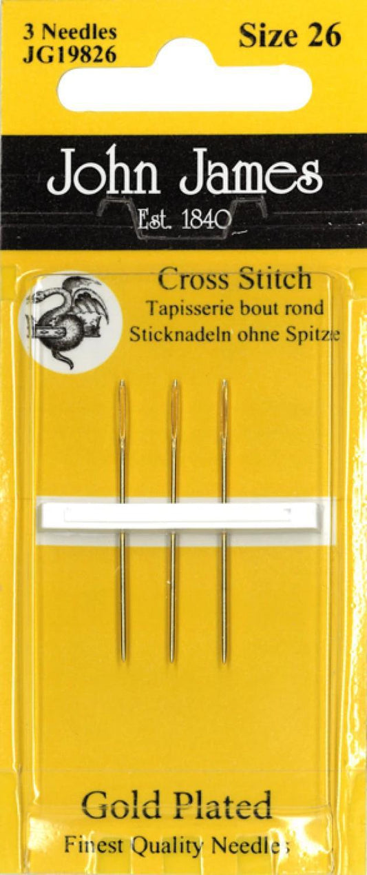 John James Cross Stitch Tapestry Gold Needles Size 26 3ct